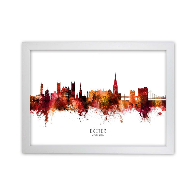 Exeter England Skyline Red City Name by Michael Tompsett - Print, 59.4cm H x 84.1cm W x 3cm D, White Framed