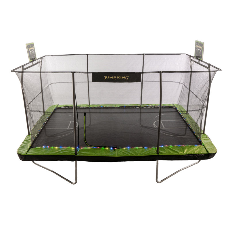 Trampoline JumpKing 10 pi x 15 pi avec 2 paniers de basketball, imprimé de terrain et lumières DEL