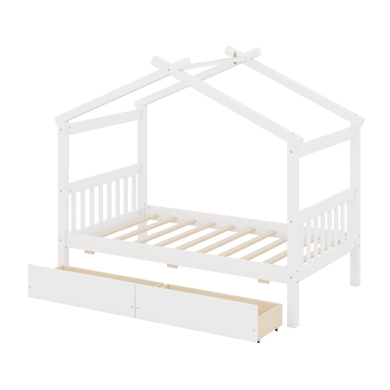 Wooden House Bed With Drawers, White, Twin