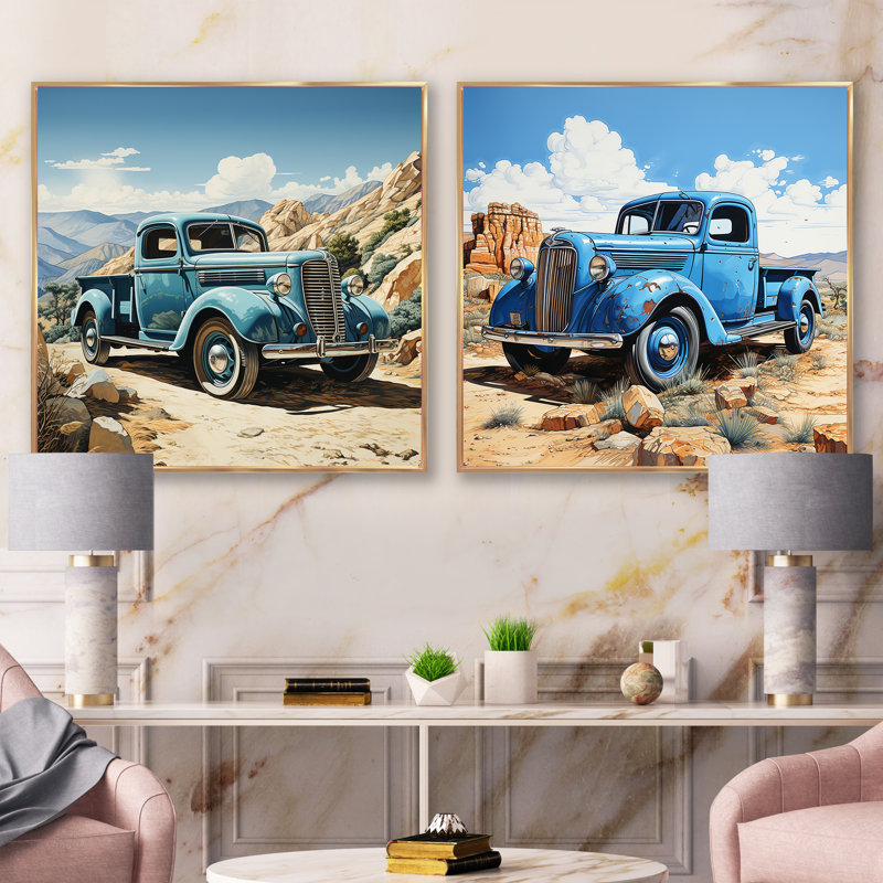 «Blue Vintage Pickup In Nevada», 2 pièces, H 16 po x l 33 po, Cadre flottant doré