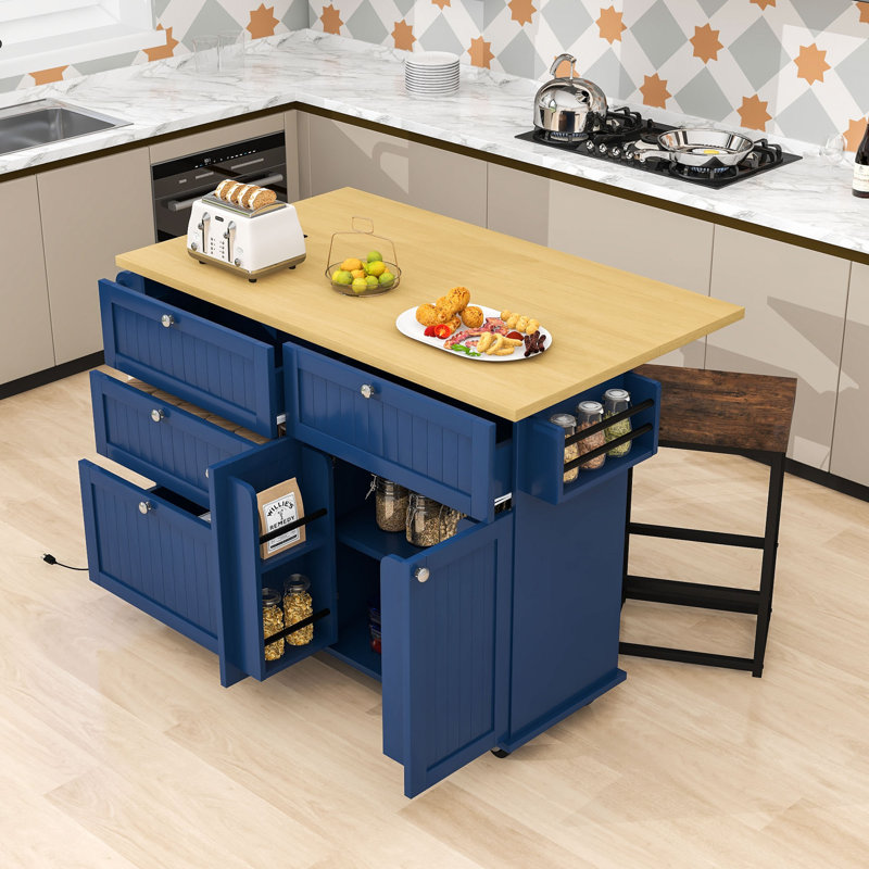 Îlot de cuisine Rosauro avec armoire de rangement, 4 tiroirs et porte-serviettes, Bleu