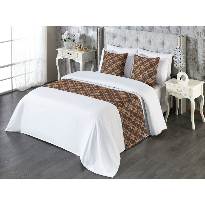 Ambesonne Fleur De Lis Bed Runner Set French Pattern Squares  Chocolate Marigold Tan, King