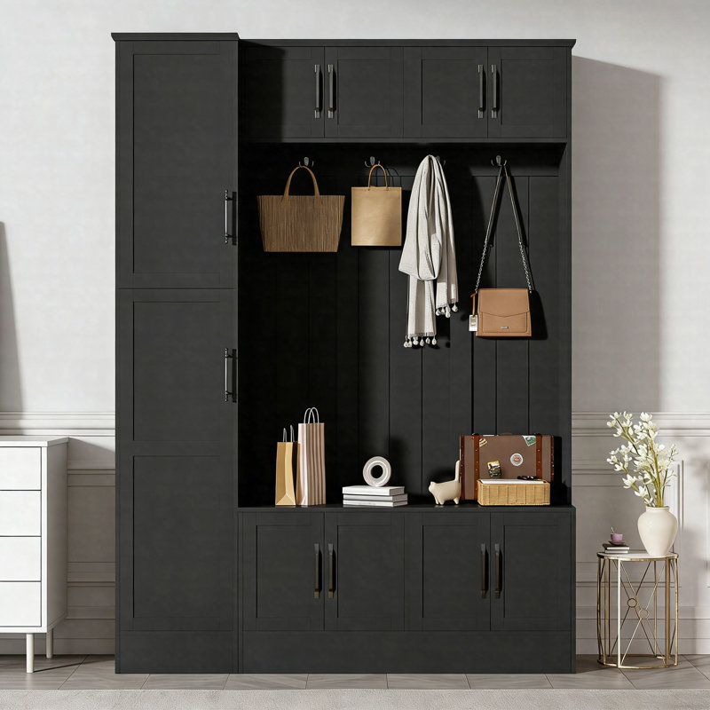 79" Modern Hall Tree With Shoe Storage – 4-In-1 Entryway Bench With 6 Cabinets, 4 Hooks & Adjustable Shelf, Black