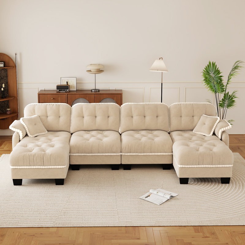 Canapé en forme de U en chenille avec repose-pieds et 4 coussins, Chenille beige, H 35 po x l 132 po x P 32 po