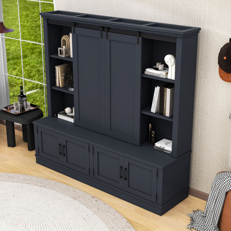 Arbre d'entrée élégant en bois avec portes coulissantes, tablettes de rangement et armoire, Bleu