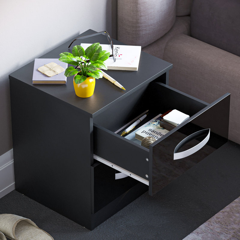 Arkadij 2 Drawer Beside Table With Metal Runners, Modern Bedroom Storage Cabinet, Black