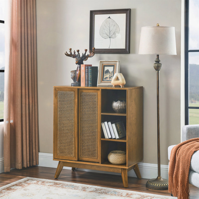Versatile Rattan Sideboard Cabinet for Various Rooms with Multiple Features, Light Walnut