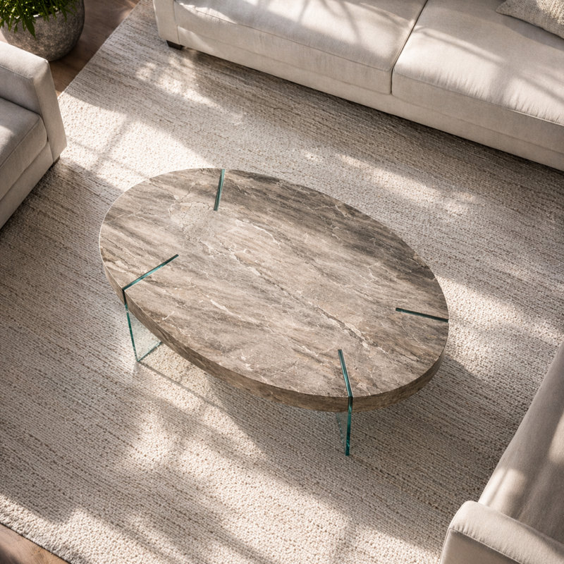 Table basse ovale en placage de pierre avec pieds flottants en verre trempé - L 43 po x l 24 po x H 17 po