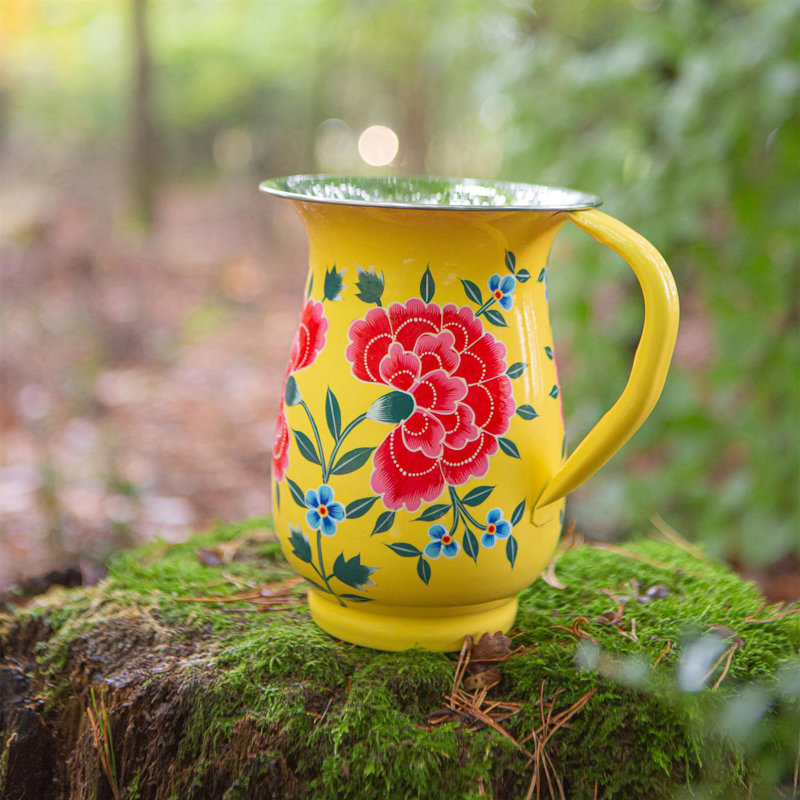 East Urban Home Hand-Painted Picnic Water Jug - 1.7L - Raspberry Peony, Yellow