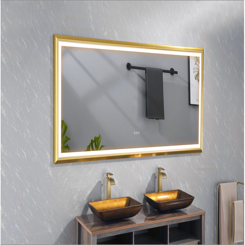 Miroir de salle de bain surdimensionné à DEL à cadre rectangulaire anti-buée à intensité variable, 48 po x 84 po, Doré