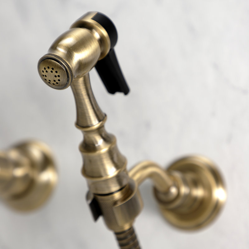 Kingston Brass Heritage Double-Handle Wall-Mount Bridge Kitchen Faucet, With Side Spray, Gold