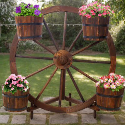 Boîte à fleurs en bois avec roue en forme de roue de chariot 
