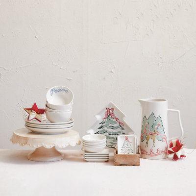 2 Quart Stoneware Pitcher With Reindeer "Merry And Bright"