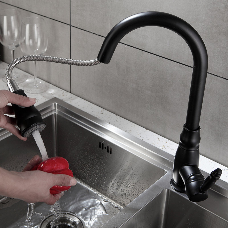 Robinet d'évier de cuisine commercial avec robinet rétractable - Finition noire, fabrication en laiton pour une performance durable, un levier unique, un réglage précis de la température de l'eau