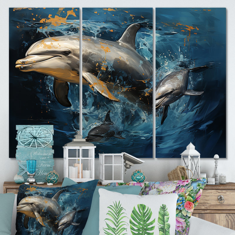 Blue Dancing Dolphins IV - Animals Dolphin Wall Art, 28" H x 36" W