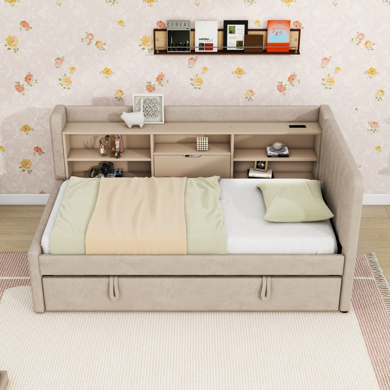 Twin Upholstered Daybed with USB Charging Station and Shelves and Trundle, Beige