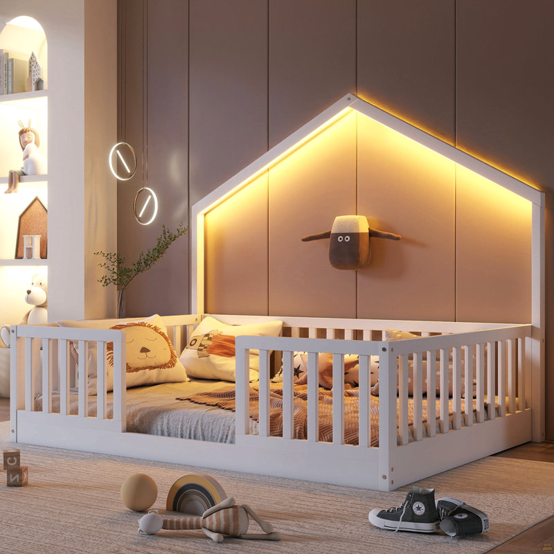 Full Floor Bed With High Rails, Wooden Montessori Bed With Light, White, Full