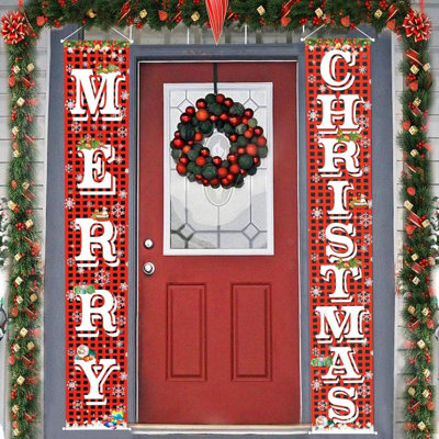 The Holiday Aisle® MERRY CHRISTMAS Hanging Banner Porch Sign With Pattern Christmas Tree Presents Snow Banner For Home Yard Indoor Outdoor Wall Door Christmas Party Deco