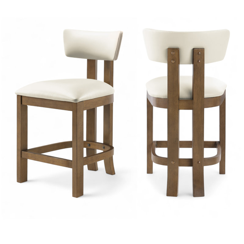 Tabouret de comptoir rembourré en cuir Phalan, Noyer teinté, Cuir crème végétalien