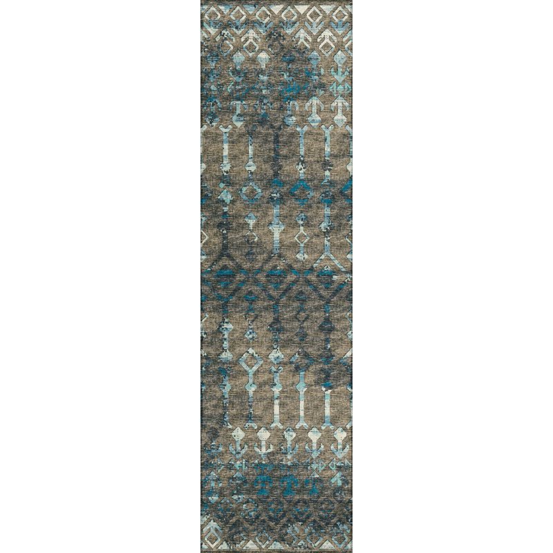 Tapis ikat bleu / brun Ardyth, Tapis de couloir 2 pi 3 po x 7 pi 6 po