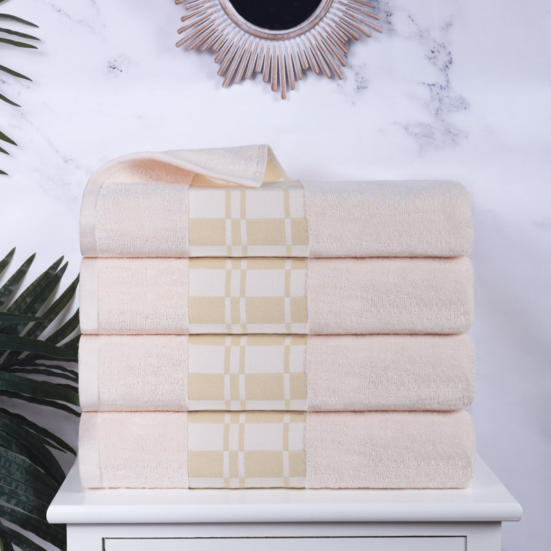 Mikira Larissa Cotton Medium Weight Geometric Border Bath Towel (Set of 4), Ivory