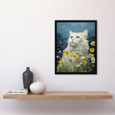 White Cat in the Wildflowers Norwegian Forest Cat 1 Piece Single Picture Frame Wall Art