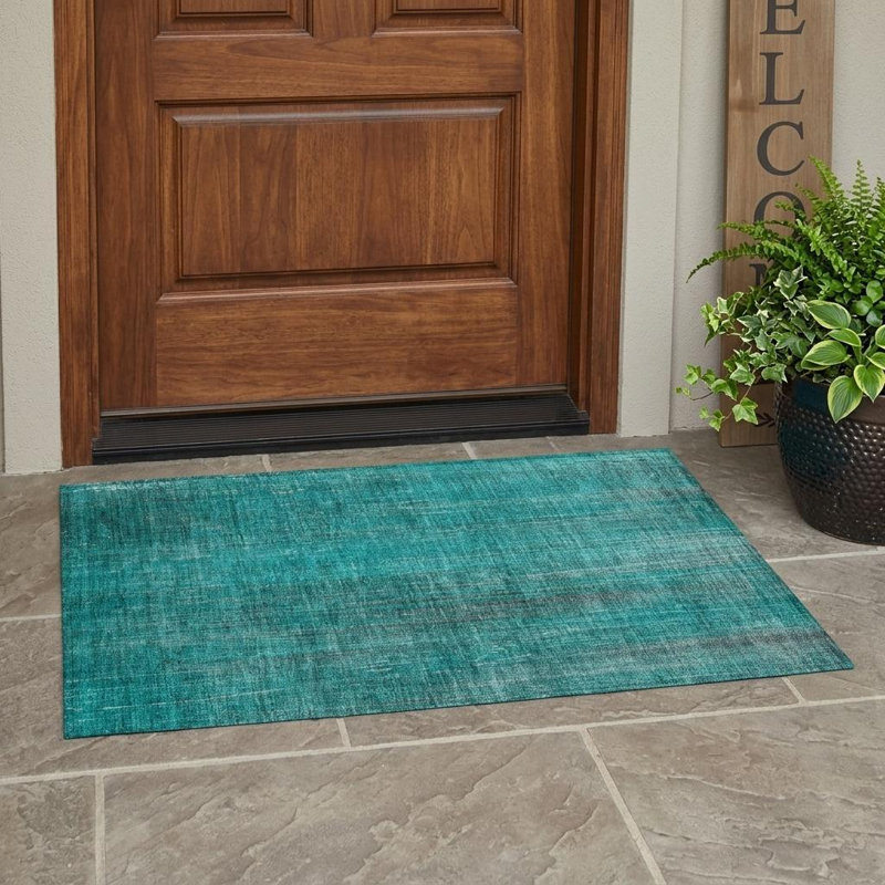 2' X 3' Teal Striped Washable Non Skid Indoor Outdoor Area Rug