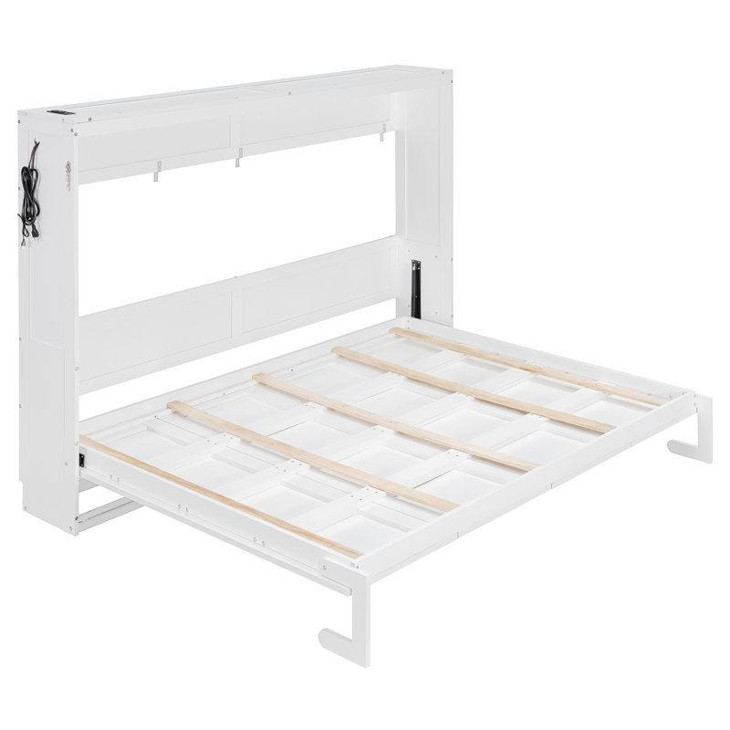 Grand lit escamotable moderne avec motif imprimé tendance, éclairage DEL et USB intégré - peu encombrant - blanc, Blanc