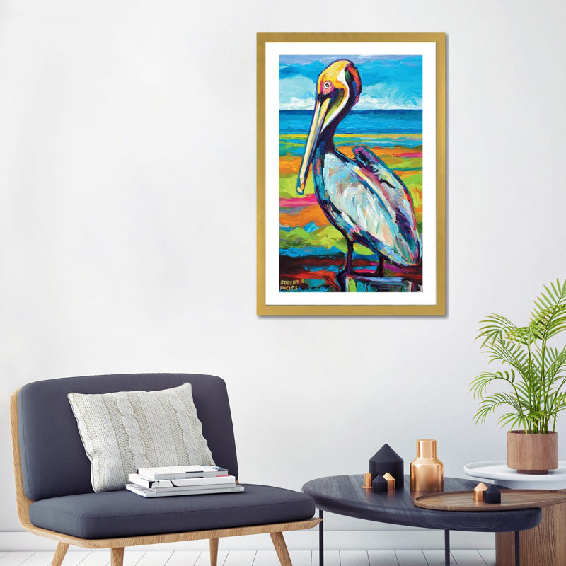 «Pelican» par Robert Phelps - reproduction d'art, H 32 po x l 24 po x P 1 po, Papier encadré doré, Blanc
