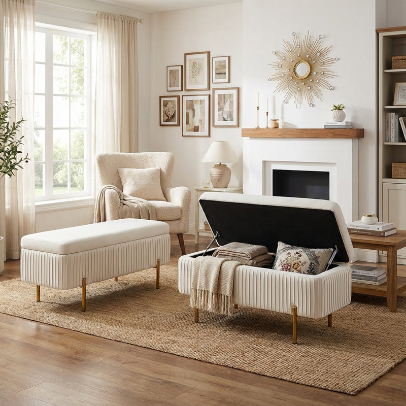 Banc de rangement en velours Leaysia, Beige