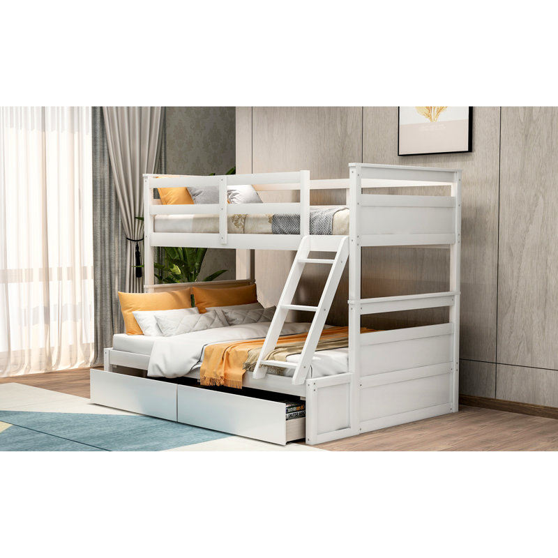 Solid Wood Twin Over Full Bunk Bed In White, For Extra Bedroom Storage White With Storage, Made Of Strong