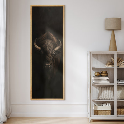 Majestic Dark Bison Horned Wildlife Portrait Neutral Tone Animal Wall Art - Large Framed Canvas Master Bedroom Wall Art Print