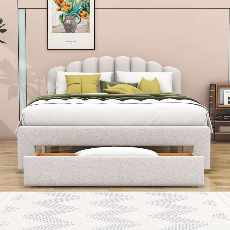 Lit plateforme tapissier avec tiroir Luceile, Beige