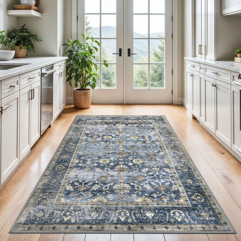 Area Rug Machine Washable Rug Oriental Indoor Rugs with Non-Slip Backing, Rectangle 4' x 6', Blue/Gray/Beige