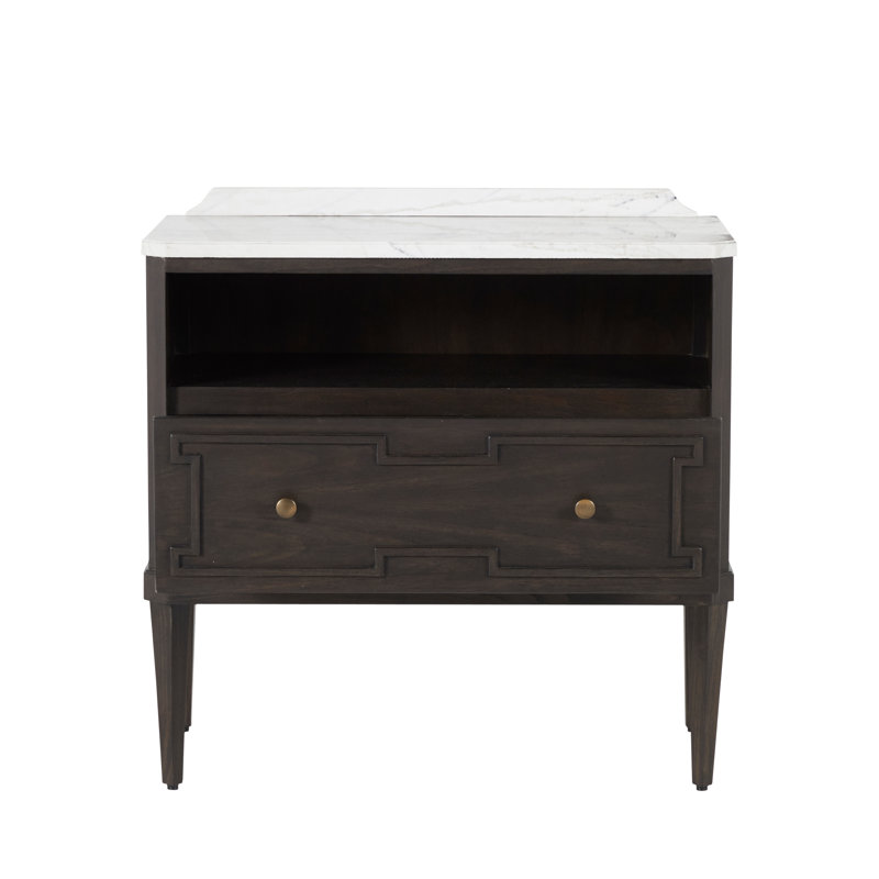 Glenwood 1 - Drawer Solid Wood Nightstand, Forest Black/Agros White Stone/Brass