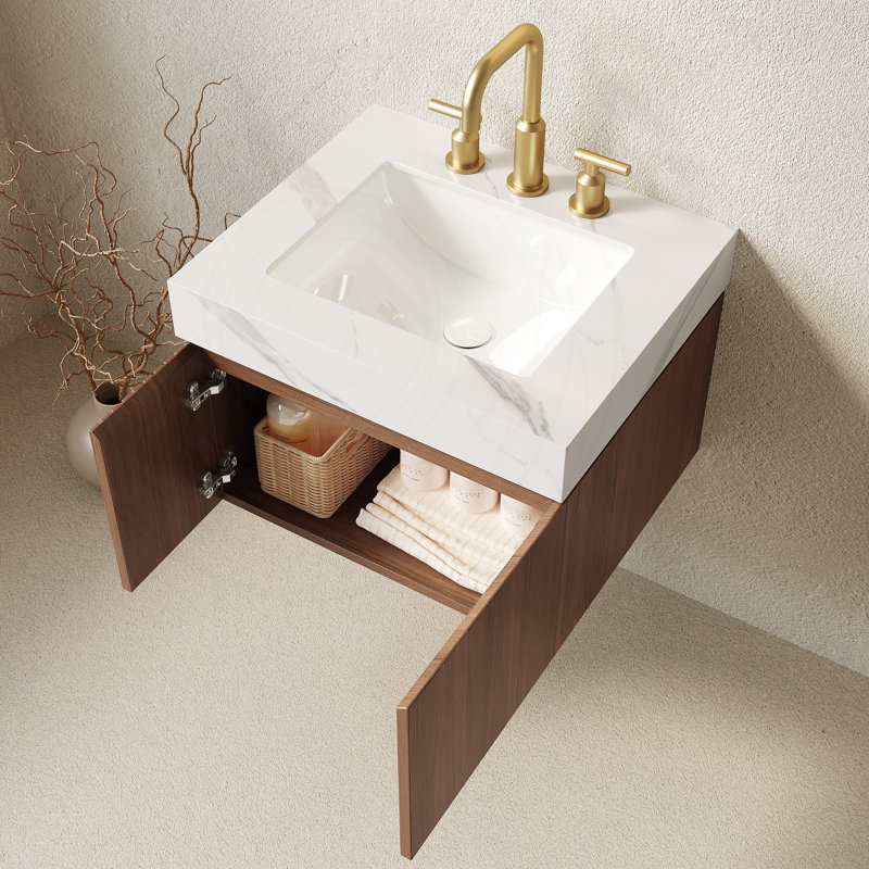 Meuble-lavabo 24 po avec lavabo, comptoir en pierre frittée flottante et lavabo en céramique, Chêne brun