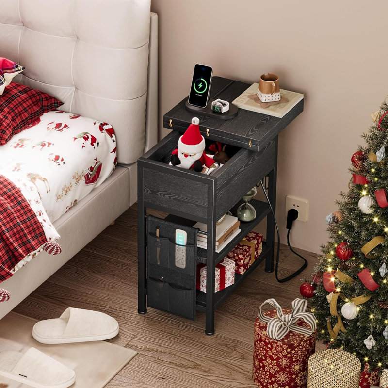 Flip Top End Table With Charging Station, USB Ports, Outlets, Fabric Bag, And Hooks, Space-Saving Nightstand For Living Room And Bedroom
