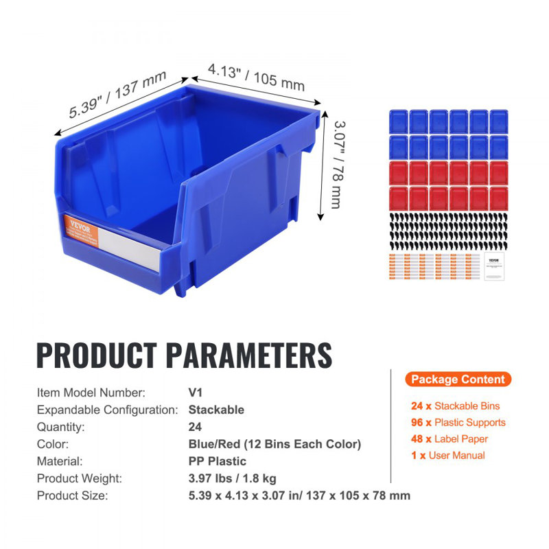 Plastic Storage Bin, (5-Inch x 4-Inch x 3-Inch), Hanging Stackable Storage Organizer Bin