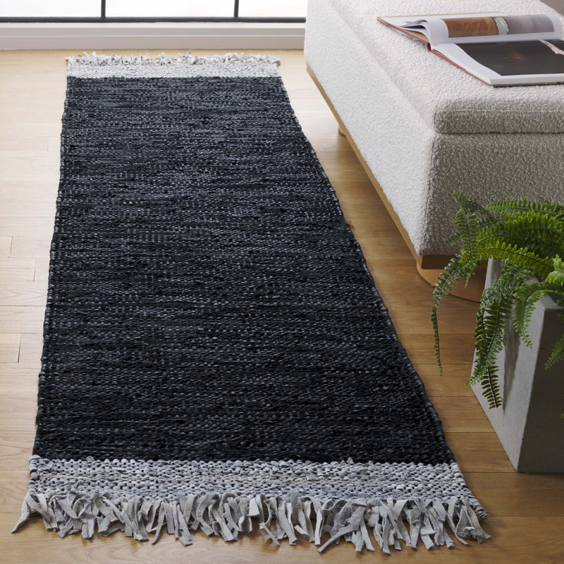 Tapis géométrique en cuir tissé à la main Phillis, Tapis de couloir 2 pi 3 po x 9 pi