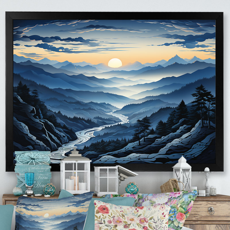 «Blue and White Mountain Majesty Panorama II - Mountains», reproduction sur toile encadrée, Cadre d'angle fermé noir
