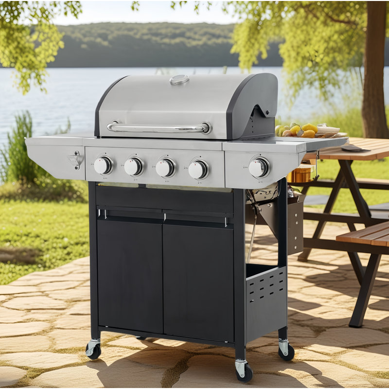 4-Burner Propane Grill  With Side Burner, Lid, Wheels