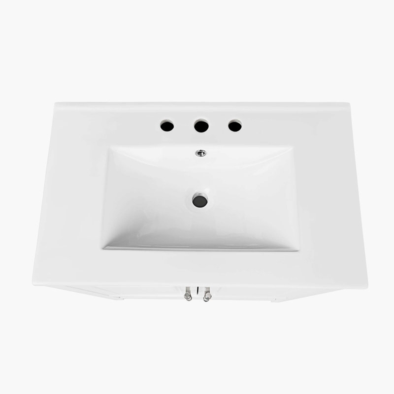 30" White Wood Freestanding Single Sink Bath Vanity with Ceramic Top