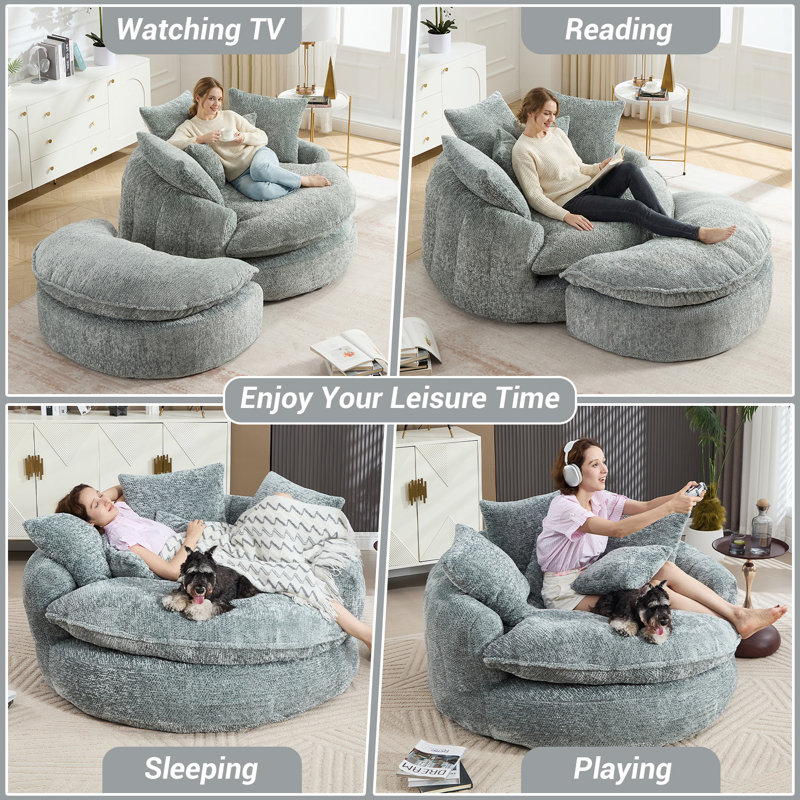 Fauteuil à billes avec repose-pieds Compression, Polyester bleu-gris