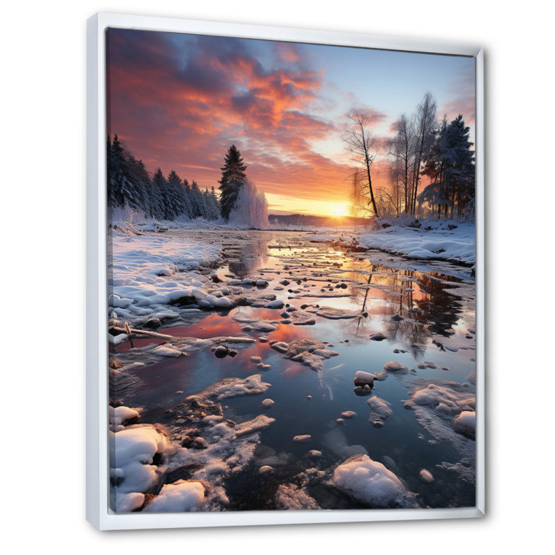«Winter Sunset Snowfall II», reproduction sur toile, H 40 po x l 30 po x P 1,5 po, Cadre flottant blanc