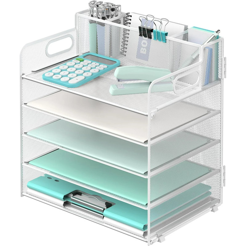 Organisateur de papier 5 plateaux avec 3 porte-crayons, Blanc