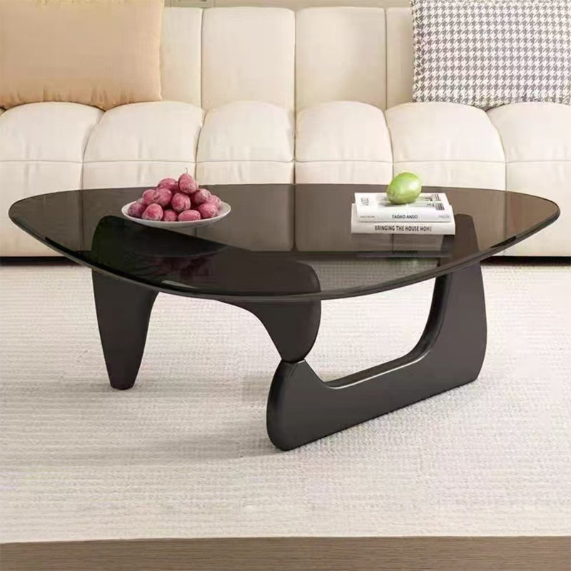 Black Glass Top Solid Wood Base Irregular Coffee Table, Black Top/Black Base