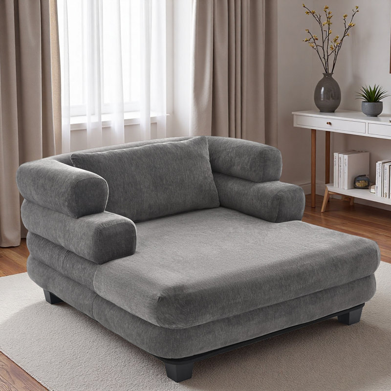 Chaise longue moderne en chenille avec assise profonde et accoudoirs superposés, Gris