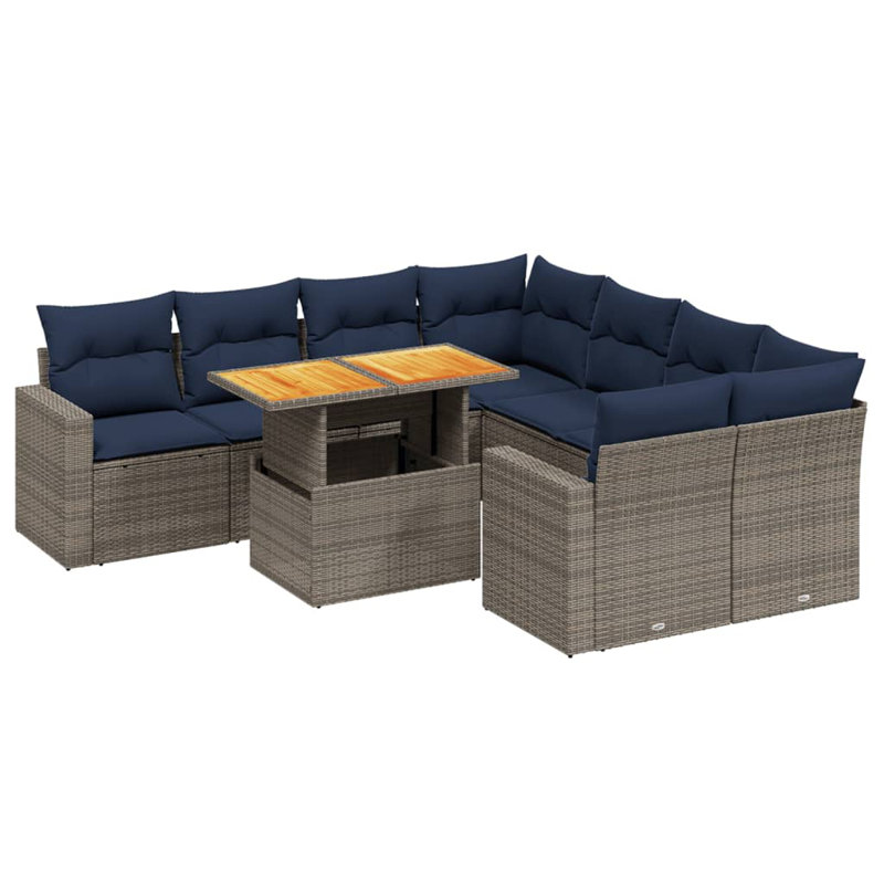Ensemble de canapé de patio 9 pièces avec coussins en rotin de polyester, Gris, Marine