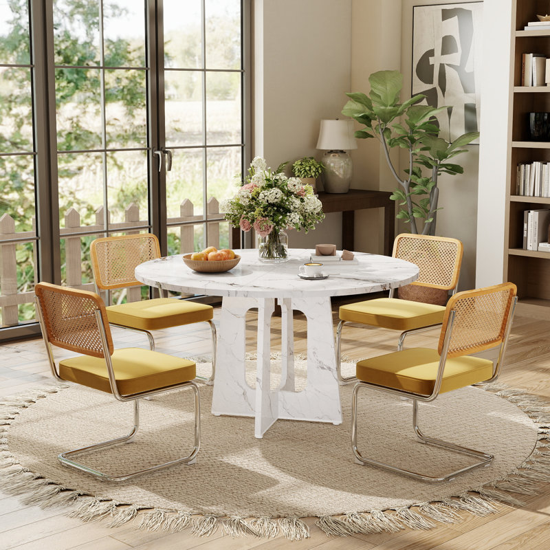 47 Inch Farmhouse Round Dining Kitchen Table Set for 4, Yellow, 5 Pieces: Table, 4 Chairs, White