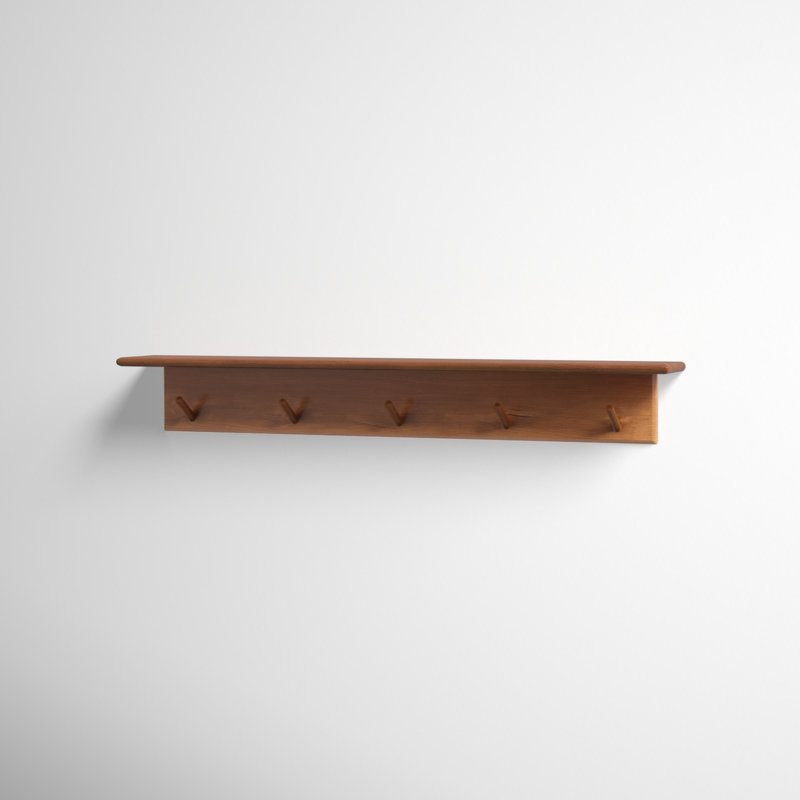 Shea Poplar Solid Wood Floating Shelf with Hooks, Walnut Brown